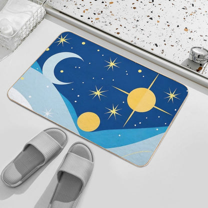 Abstract Horoscope Blue Sky Design with Stars, Moons And Suns in Deferent Shapes And Colors .  Easy To Clean Bath Mat