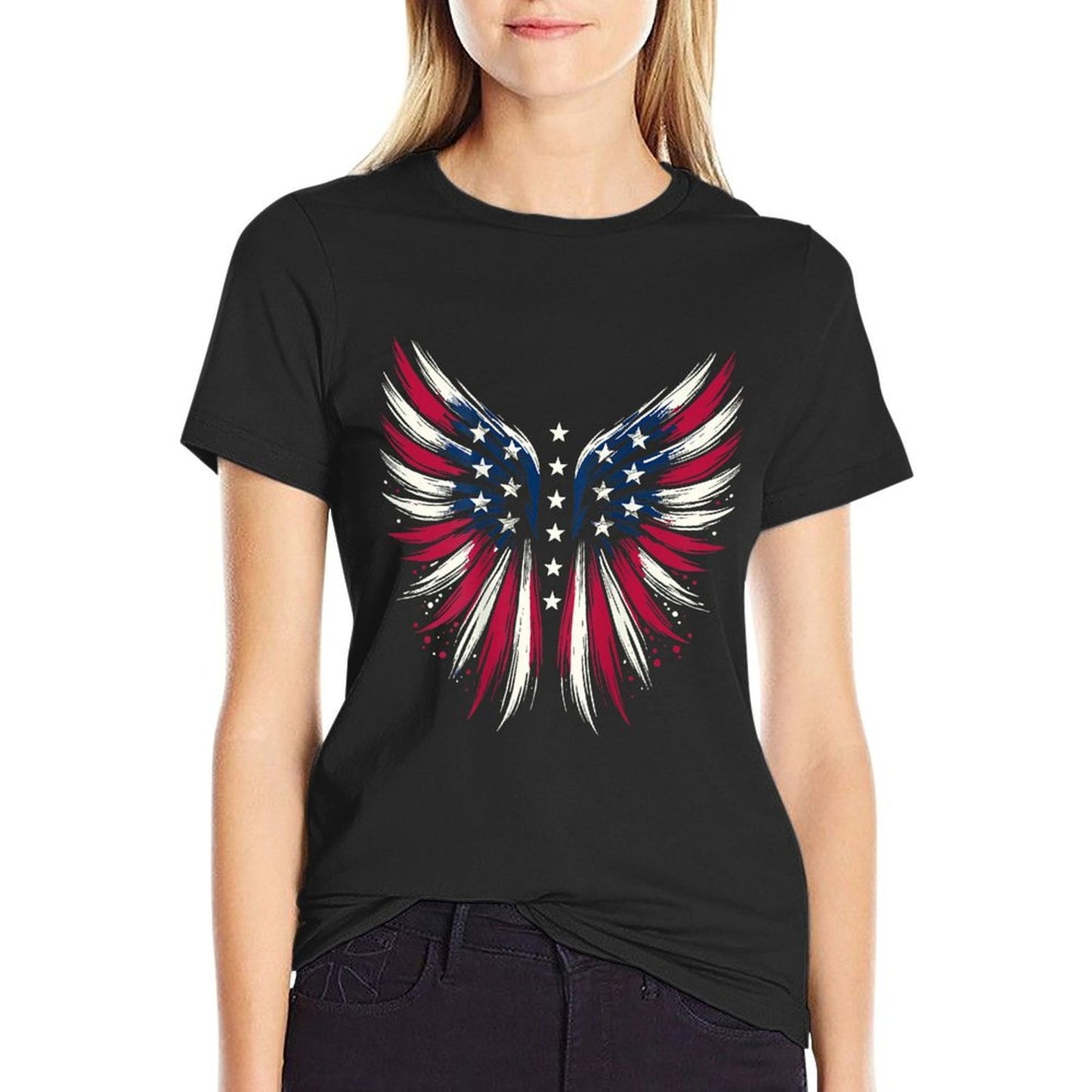 Patriotic Freedom Wings with American 4th of July  Ribbed Collar T-Shirt