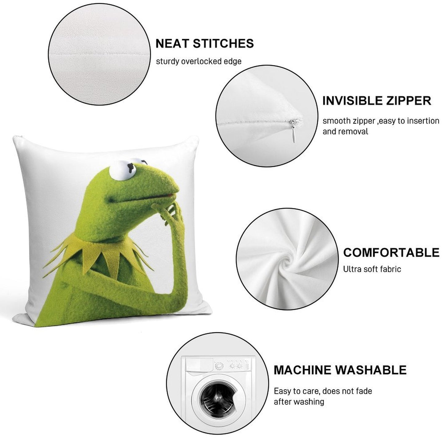 Kermit Contemplating, An Aesthetic Soft Reinforced Edging Throw Pillow