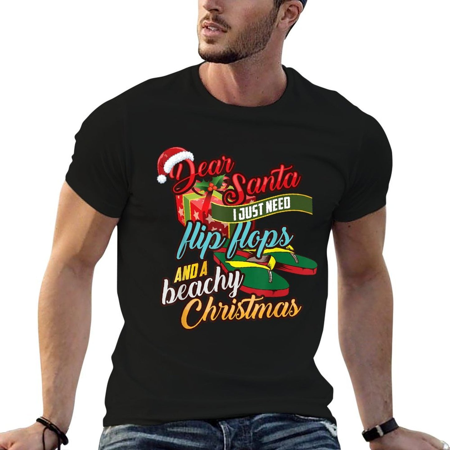 Dear Santa Just Need Flip Flops And A Beachy Christmas Gift for Men Women Kids  Rolled Sleeves T-Shirt