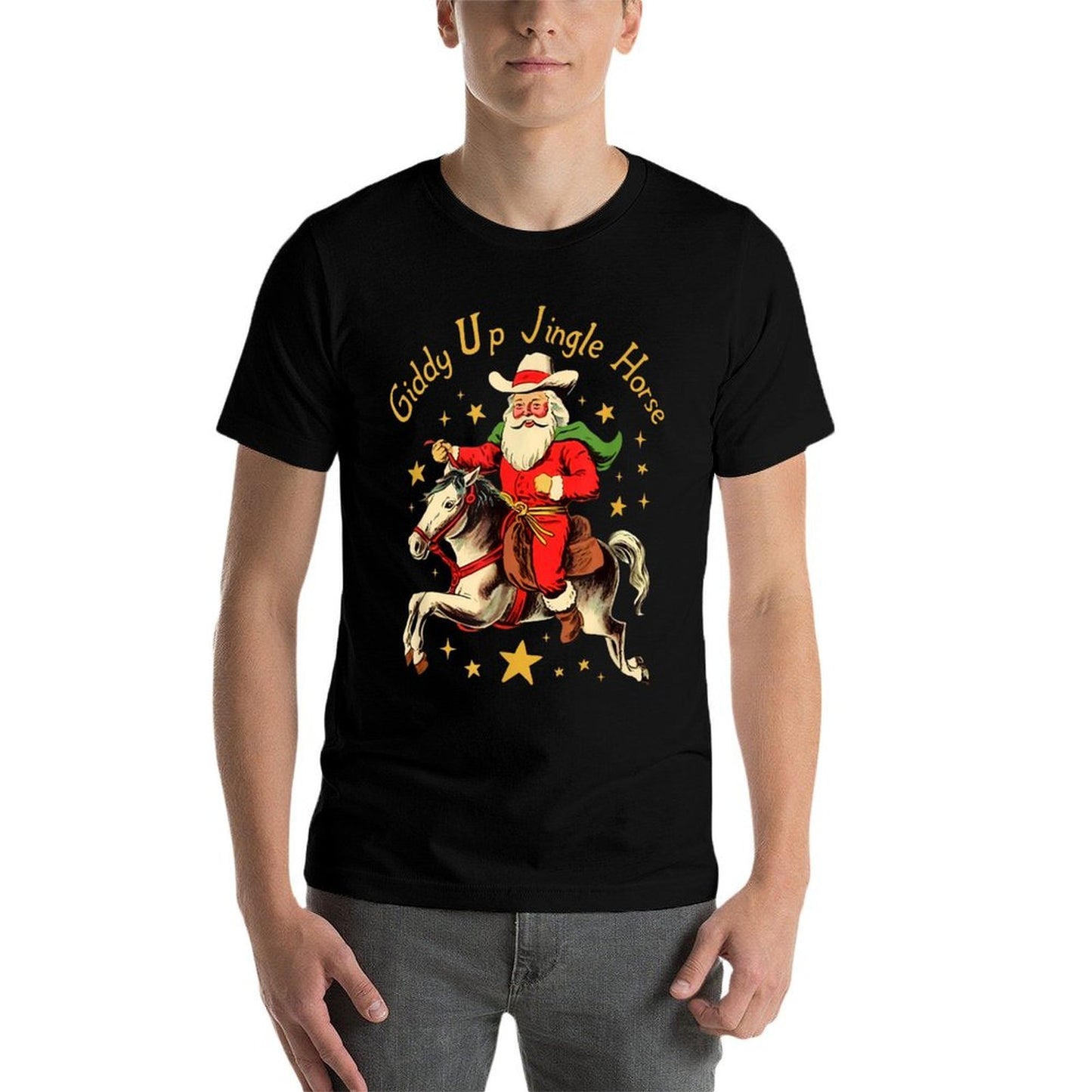 SuminSusi Funny Christmas Giddy Up Jingle Horse Unisex for Men, Women - Black, Small,, Classic Fit, Polyester, Crew Neck, Cartoo  Eco-friendly Material T-Shirt
