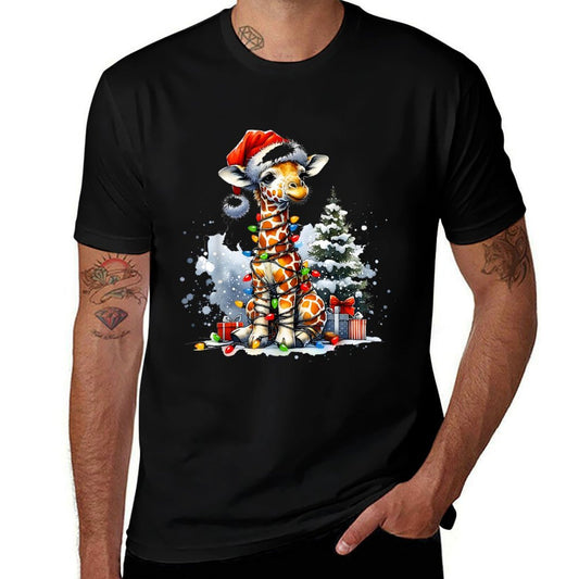 Cute Festive Giraffe Santa Hat Christmas Lights Snow Winter  Cotton T-Shirt