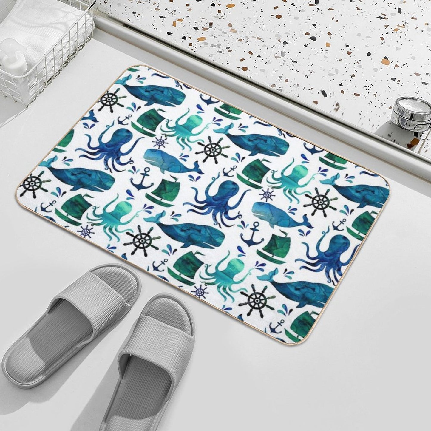 Watercolor Ocean Nautical Whale Octopus  Slip-Resistant Bath Mat