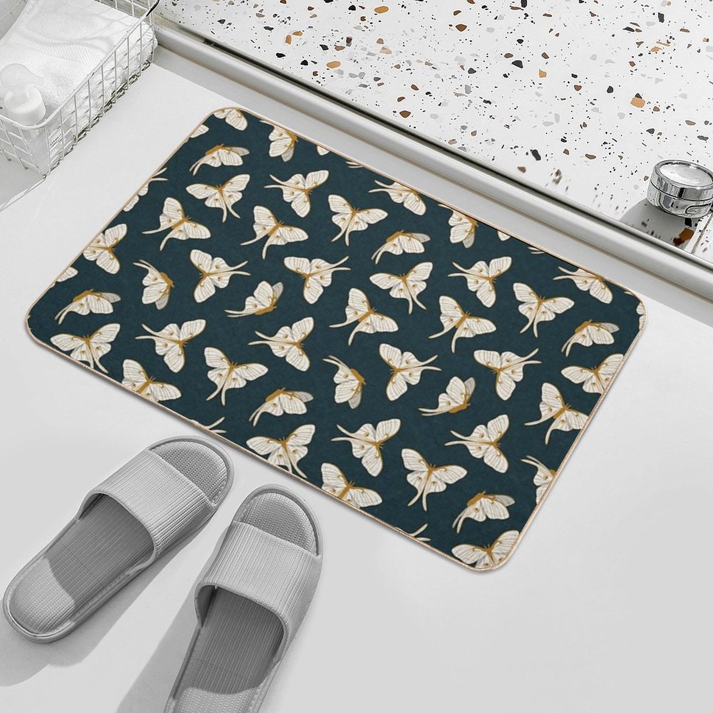 Luna Moth - Gold on Dark Teal  Easy To Clean Bath Mat