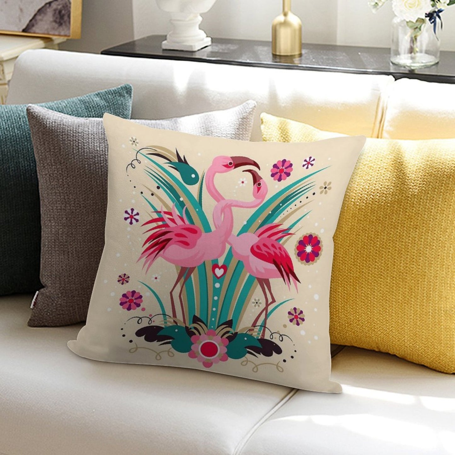 LOVE & FLAMINGO Soft Short Plush Fabric Throw Pillow