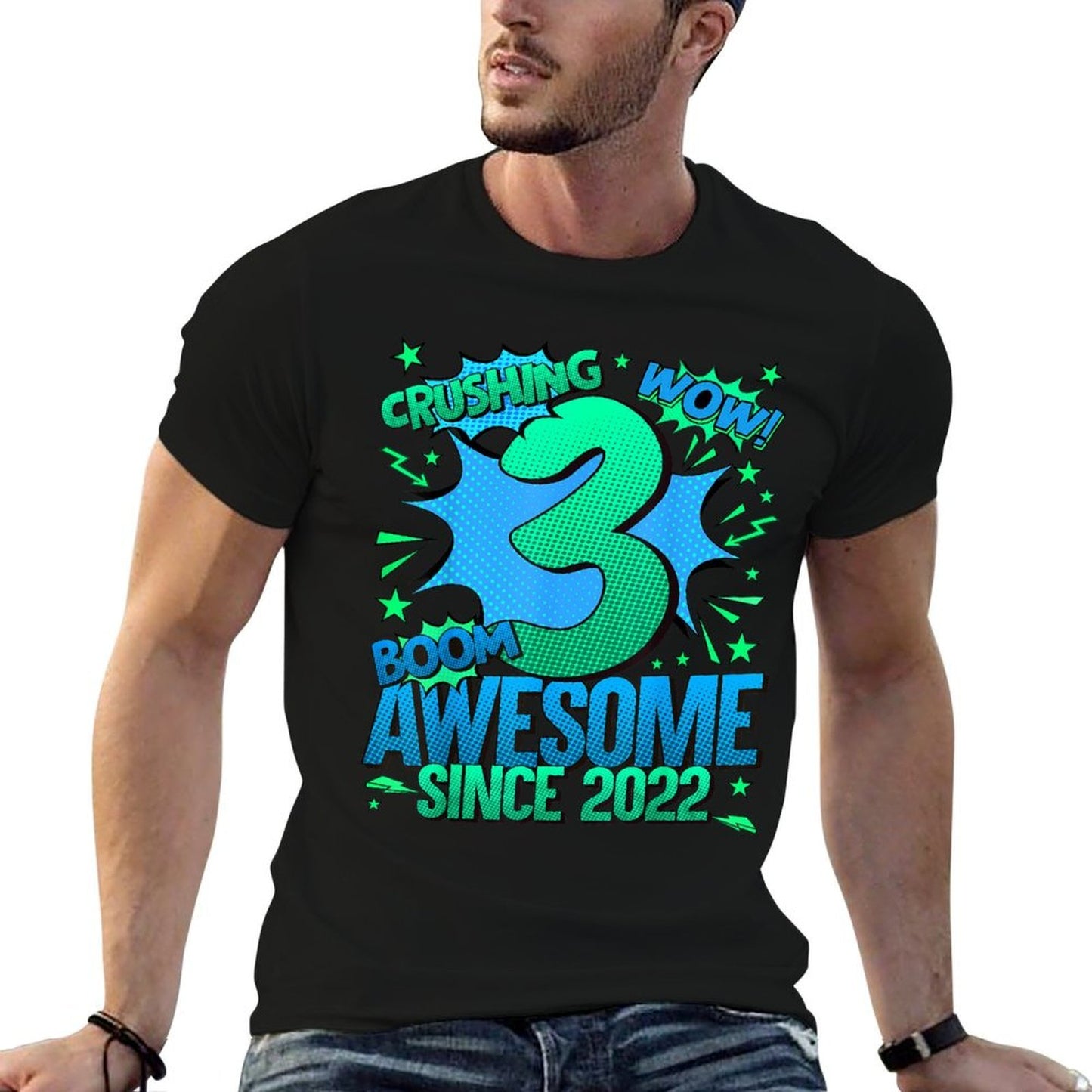 Comics Style 2025 Birthday Gifts HH 3 Year Old Boy Black  Relaxed-fit T-Shirt