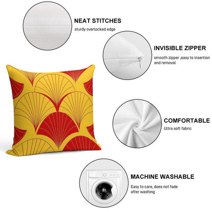 Asian Art Deco Red And Yellow Fan Pattern Soft Durable Construction Throw Pillow