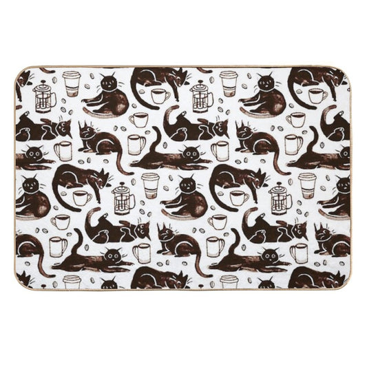 Gouache Black Cats & Coffee  Long-Lasting Bath Mat