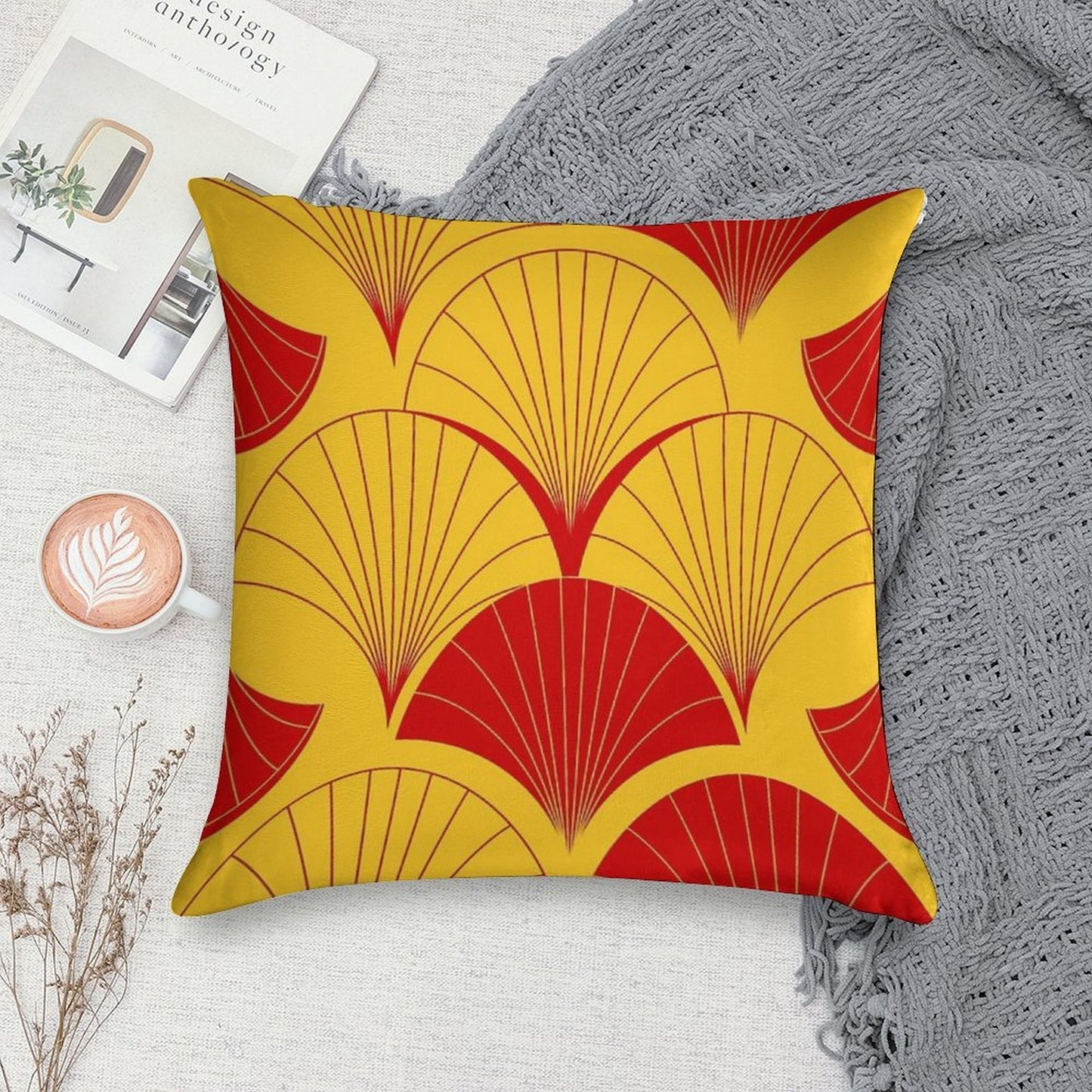 Asian Art Deco Red And Yellow Fan Pattern Soft Durable Construction Throw Pillow