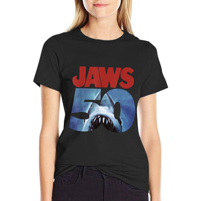 Jaws 50th Anniversary Logo Front & Back Fade-proof Color T-Shirt