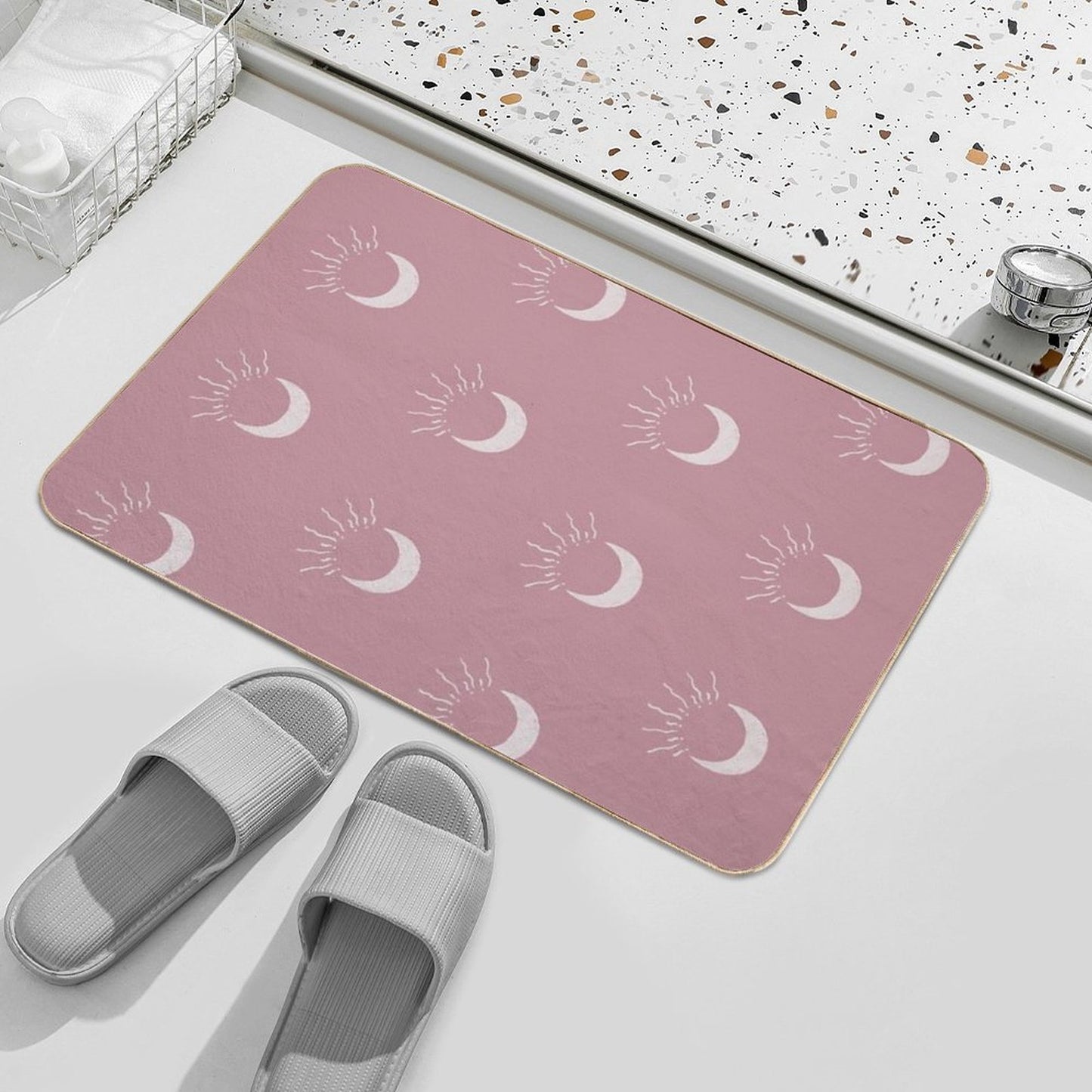 Cute Sun And Moon Design Boho Aesthetic In Muted Colors Deep Pink  Repositionable Bath Mat