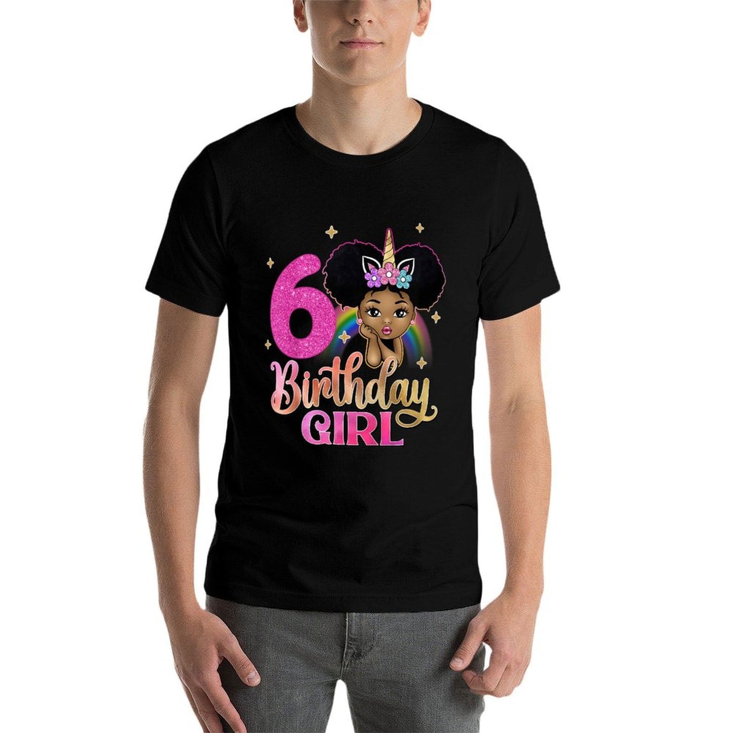 Kids 6th Birthday Girl Afro Melanin Unicorn Princess 6 Yrs Old  Oversized Silhouette T-Shirt