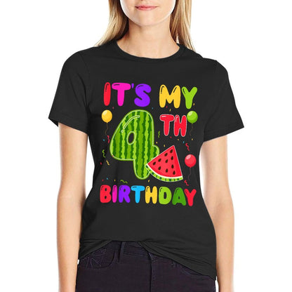 It's My 4th Birthday WaterMelon Lover 4th Birthday Party  Rolled Sleeves T-Shirt