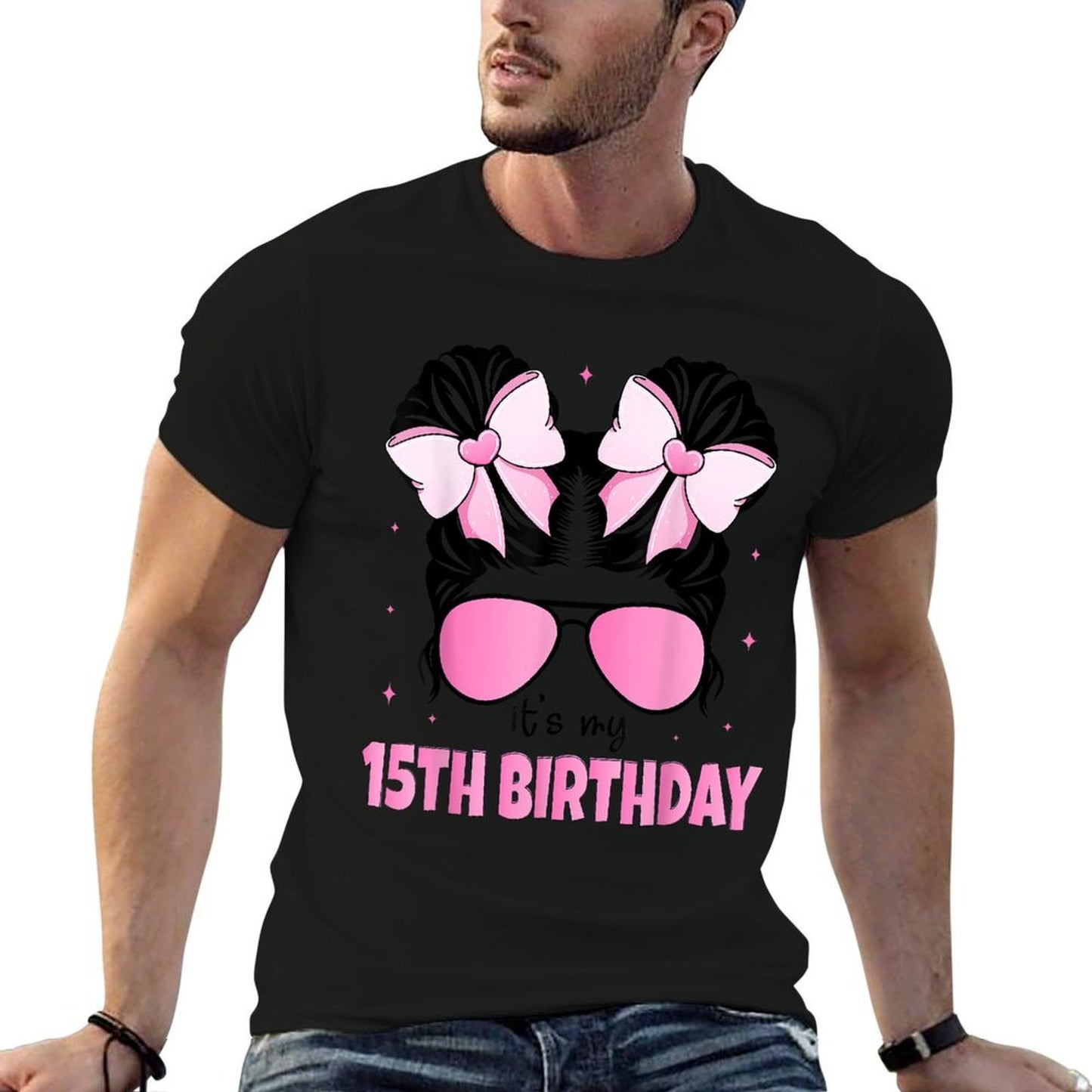 It's My 15th Birthday 15 Years Old Girls Bday Messy Bun Bow  Versatile T-Shirt