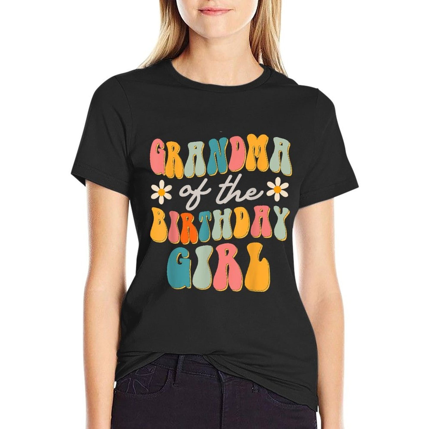 Grandma Of The Birthday Girl Groovy Themed  Ribbed Collar T-Shirt