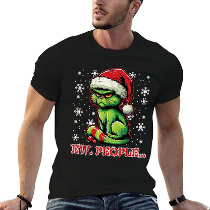Christmas Cat Santa Ew People Funny Xmas Men Women Kids  Rolled Sleeves T-Shirt