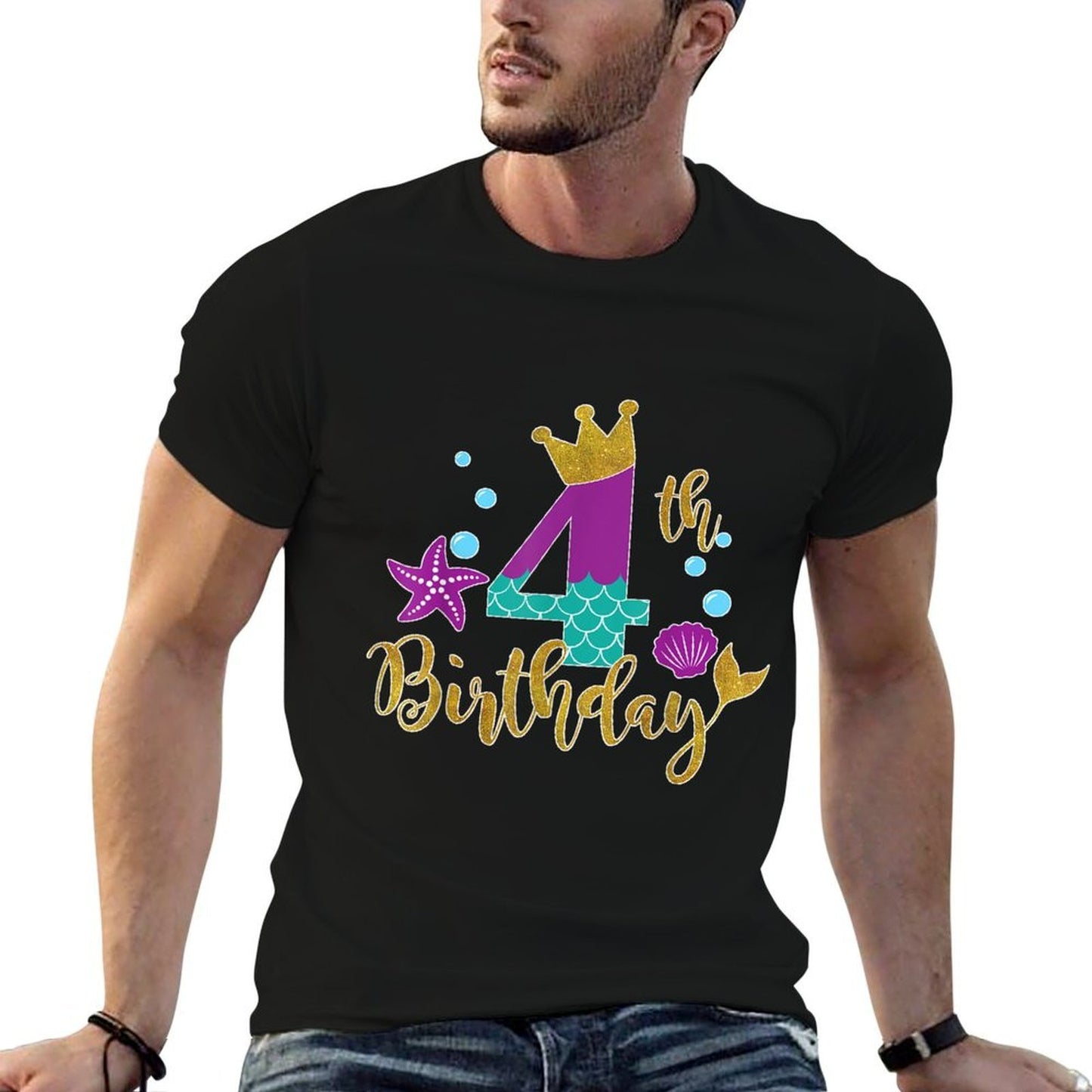 Birthday Mermaid T For 4 Years Old Gift For Girls  Ribbed Collar T-Shirt