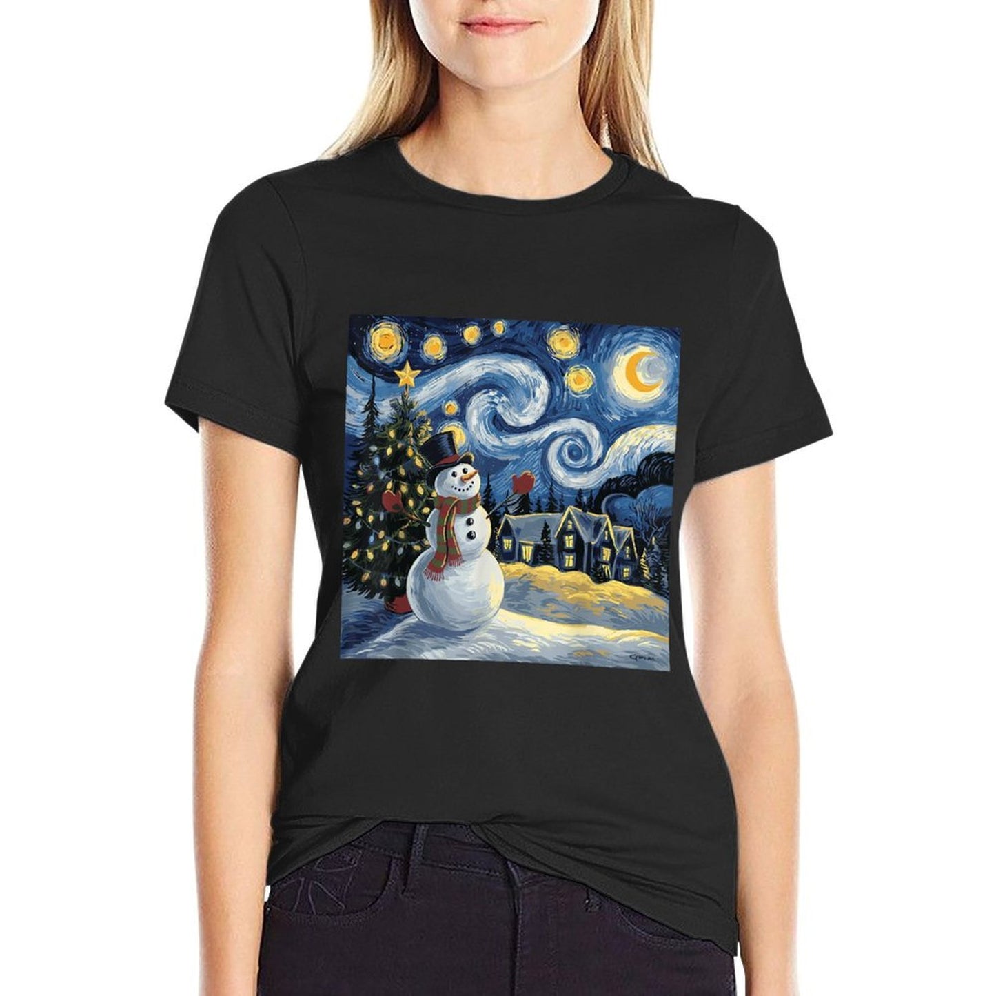 Van Gogh Starry Night Christmas Snowman Winter Snowy Night  Moisture-wicking T-Shirt