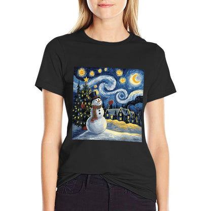 Van Gogh Starry Night Christmas Snowman Winter Snowy Night  Moisture-wicking T-Shirt
