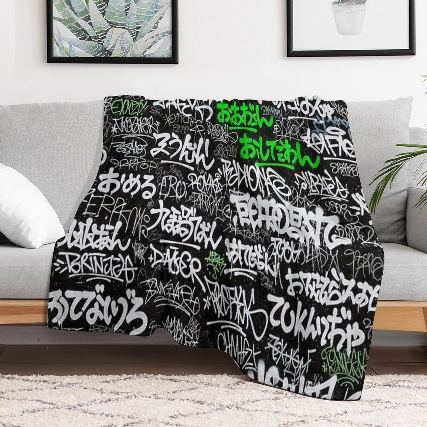 Japanese Graffiti Tags White & Lime Green on Black Sustainable Throw Blanket