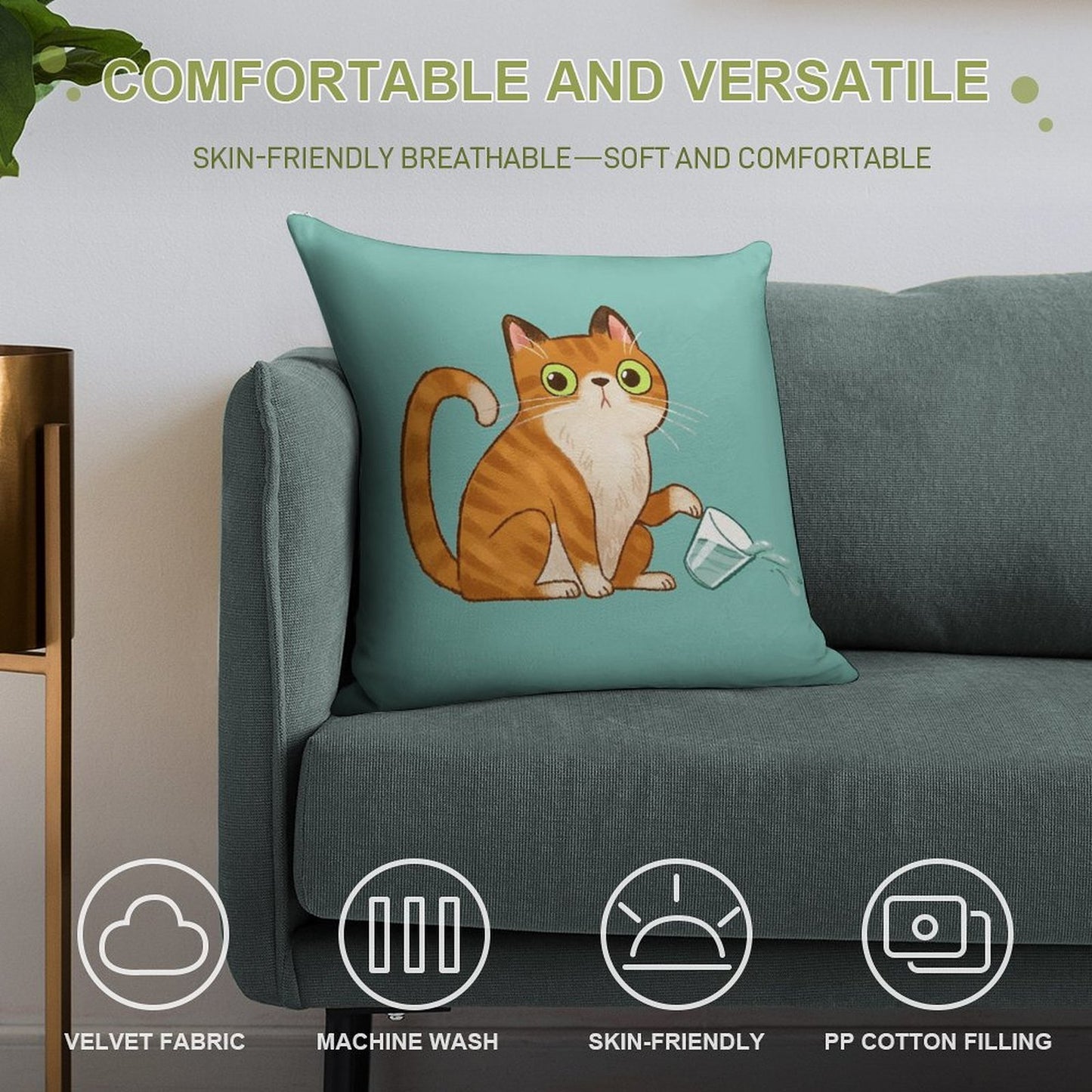 Cat Tipping Glass Soft Skin-Friendly Throw Pillow