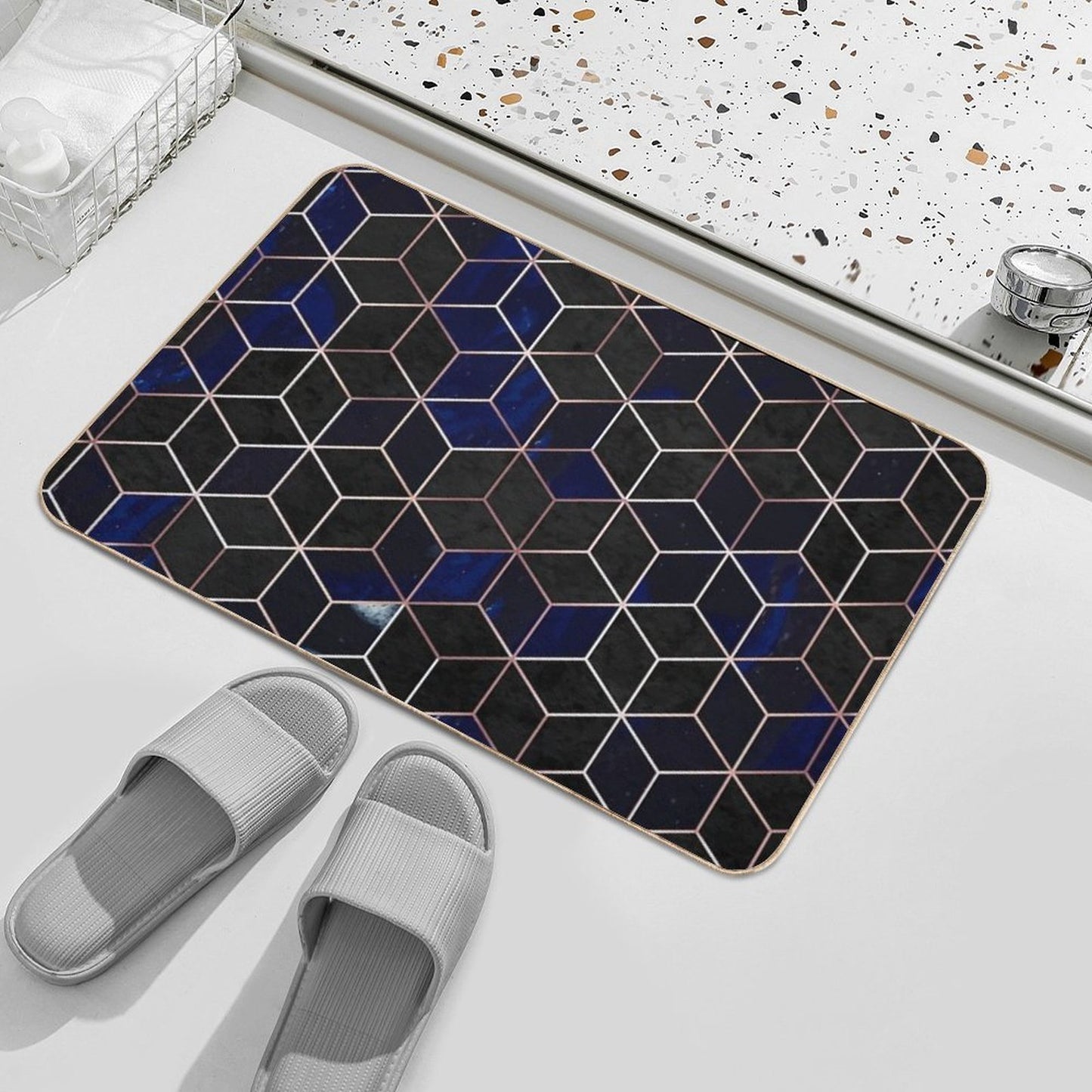 Indigo Hexagons Geometric Pattern  Easy Maintenance Bath Mat