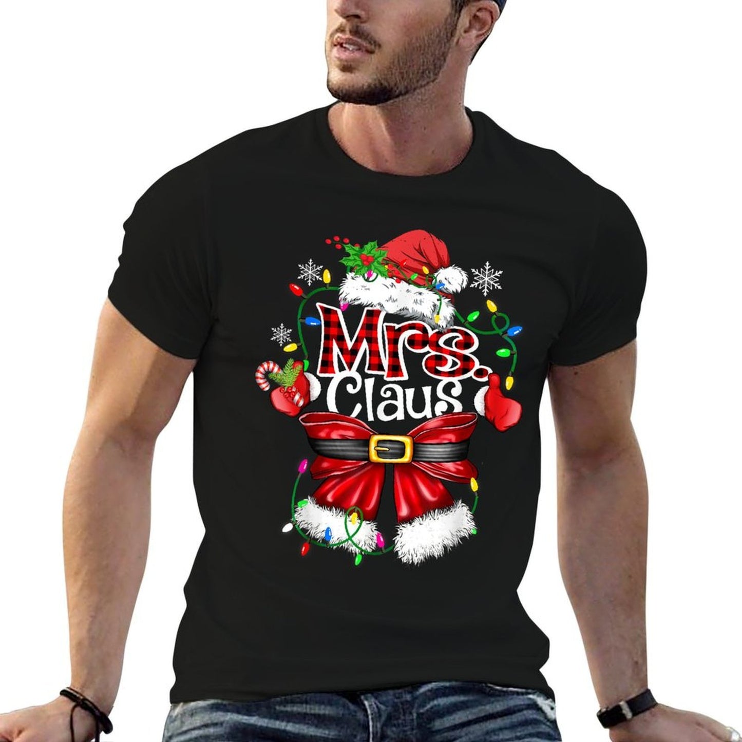 Mr And Mrs Claus Couples Santa Christmas Lights Pajamas  Polyester Blend T-Shirt