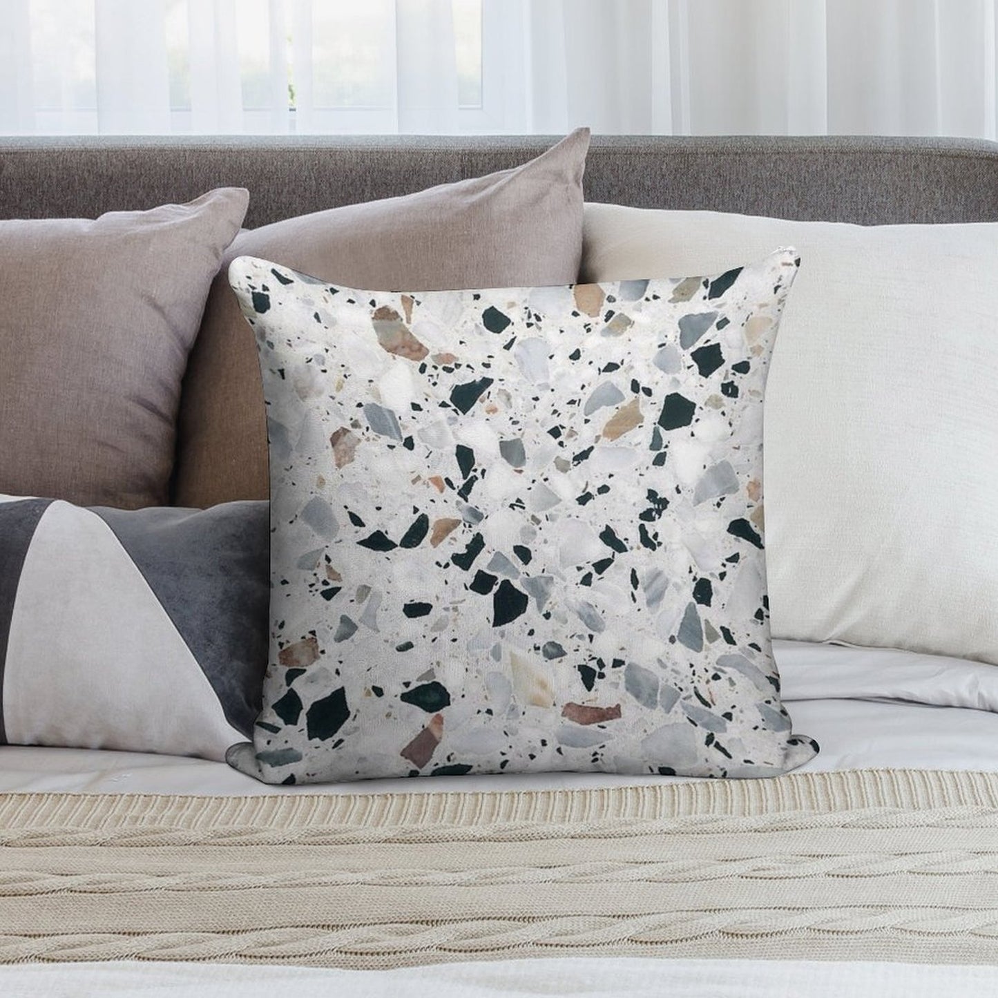 Terrazzo Black, White, Grey And Bronze Soft High-Density Material Throw Pillow