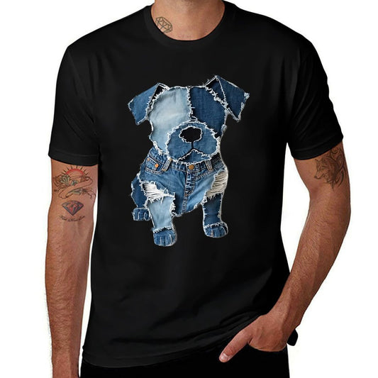 Dog Pattern Denim Patchwork Art  Fade-proof Color T-Shirt
