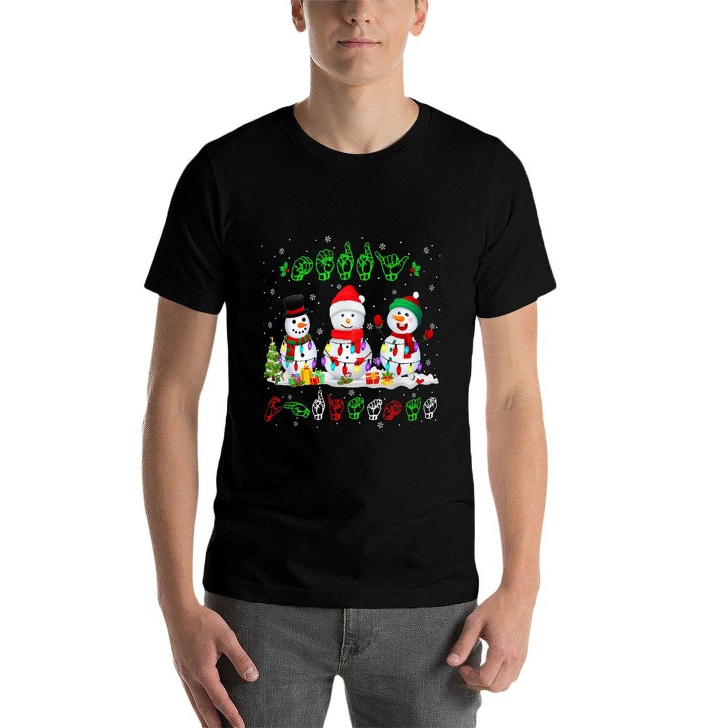 Christmas Lights Merry Christmas Snowman ASL Sign Language  Slim-fit Cut T-Shirt