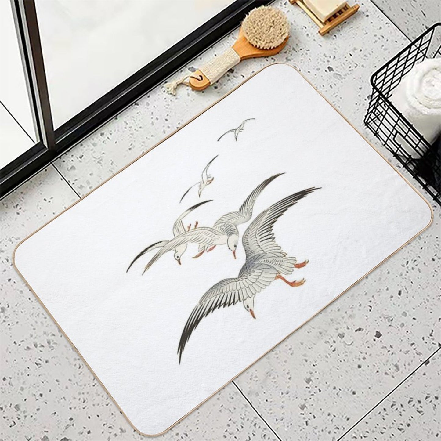 Seagull Japanese Painting  5 Seagulls Above Turbulent Sea Design  Seabird  Gull  Minimalist  Repositionable Bath Mat