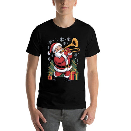 Santa Playing Trombone Funny Holiday Chrismas Xmas Pajama  Summer-ready Fabric T-Shirt