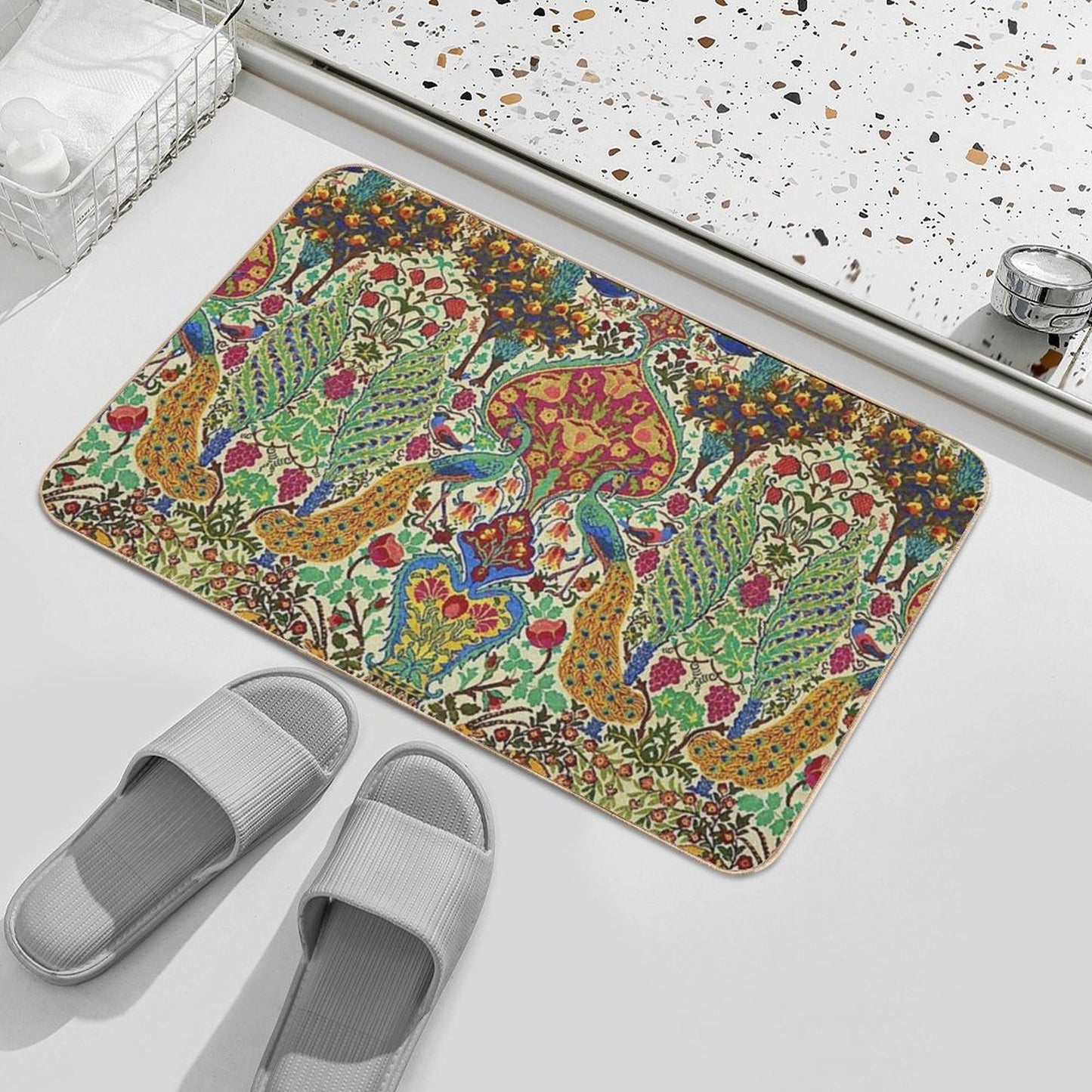 PEACOCKS, BIRDS, DEERS,FLOWERS AND POMEGRANATE TREES  Oriental Floral  Repositionable Bath Mat