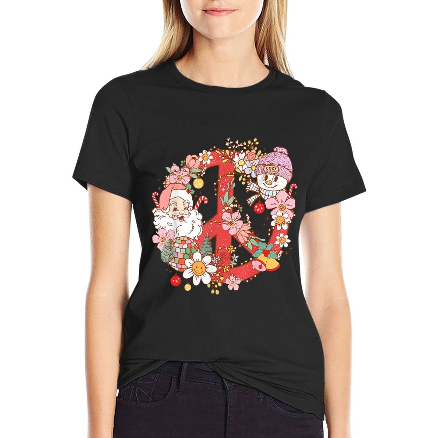 Retro Groovy Merry Christmas Hippie Santa Claus Peace Sign  Polyester Blend T-Shirt