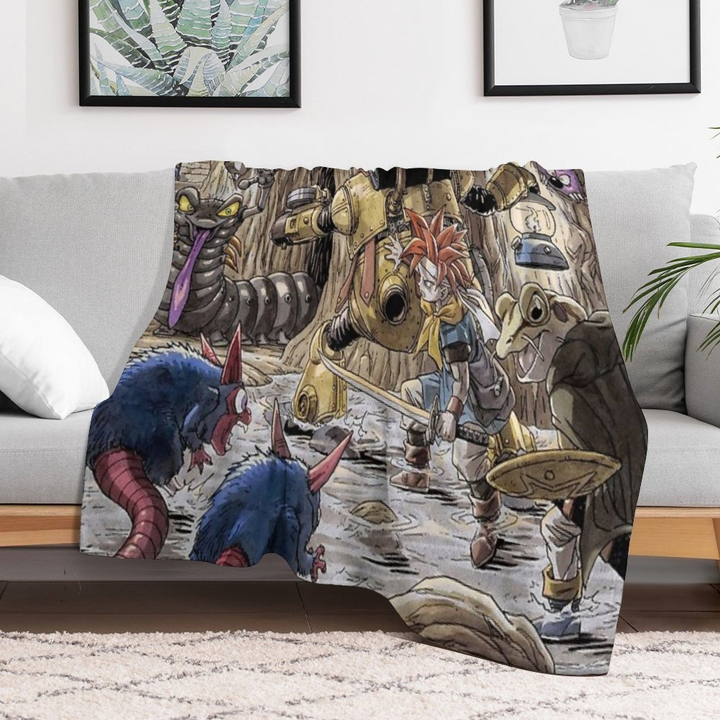 Crono, Robo, And Frog Traverse A Dark Cavern Filled With Monsters Chrono Trigger Gift-ready Throw Blanket