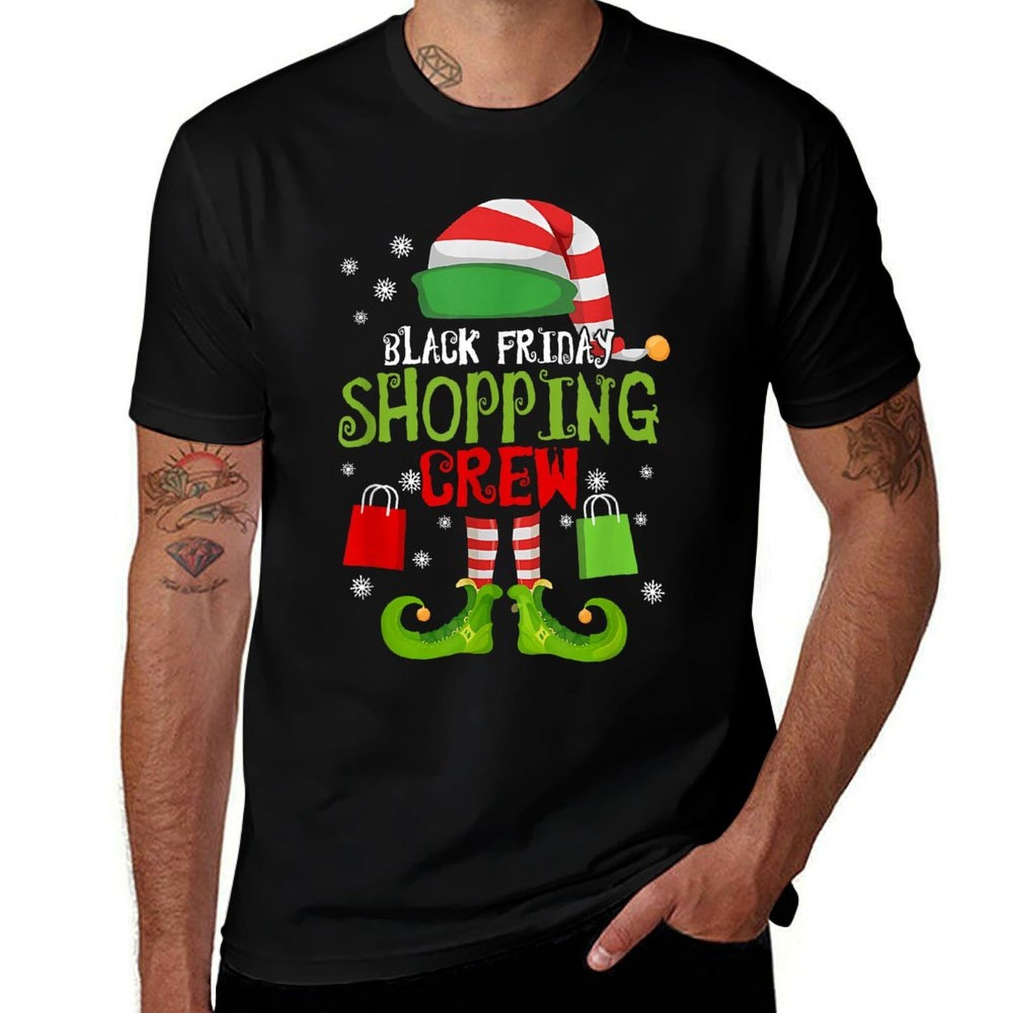 Elf Christmas Black Shopping Funny Friday Shopping Crew Xmas  Fade-proof Color T-Shirt