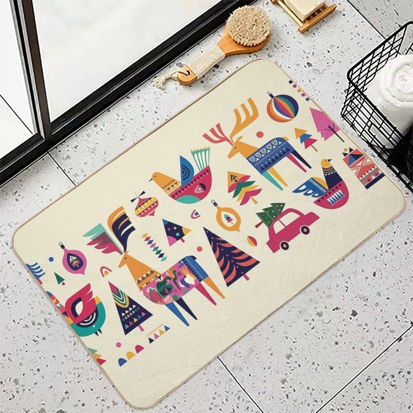 Vintage Scandinavian Christmas Folk Art  Slip-Resistant Bath Mat