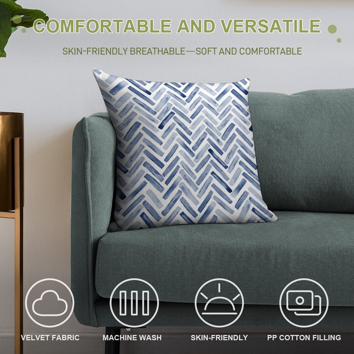 Indigo Blue Watercolor Herringbone Chevron Soft Reinforced Edging Throw Pillow