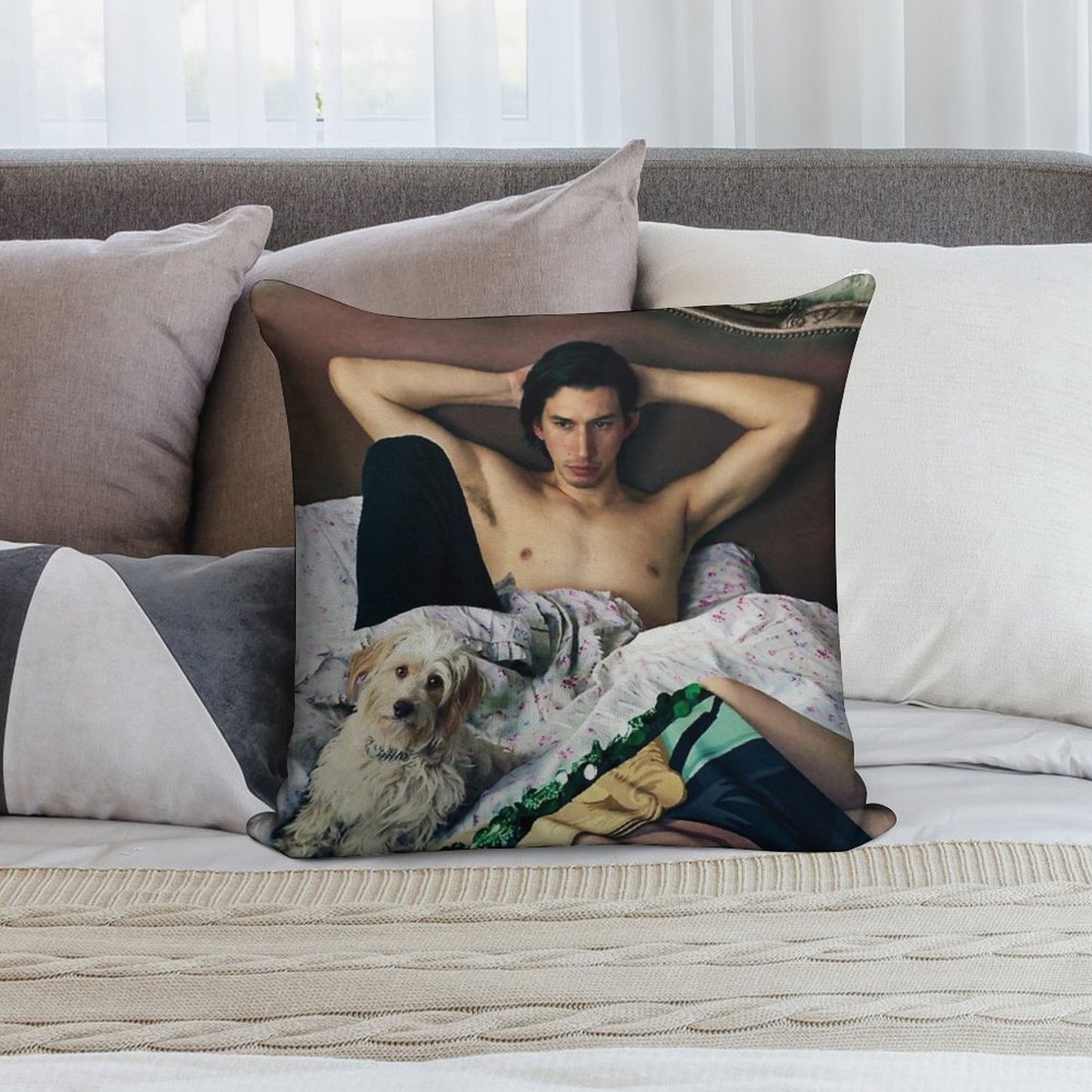 Adam Driver with Dog Photosession Soft Decorative Cover Throw Pillow