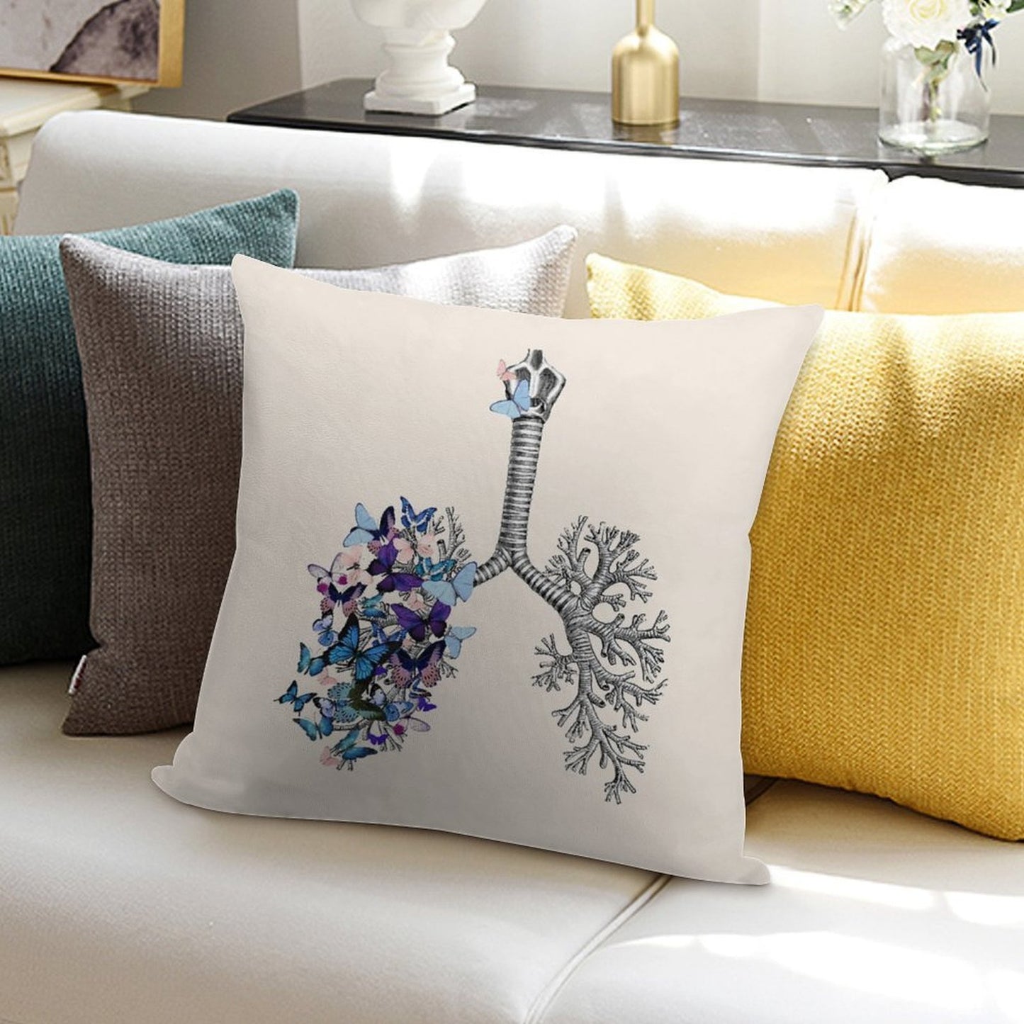 Flowers Lung, Floral Leaves, Lungs,healthy Lung, Lungs Cancer, Respiratory Therapist, Cystic Fibrosis Soft High-Density Material Throw Pillow