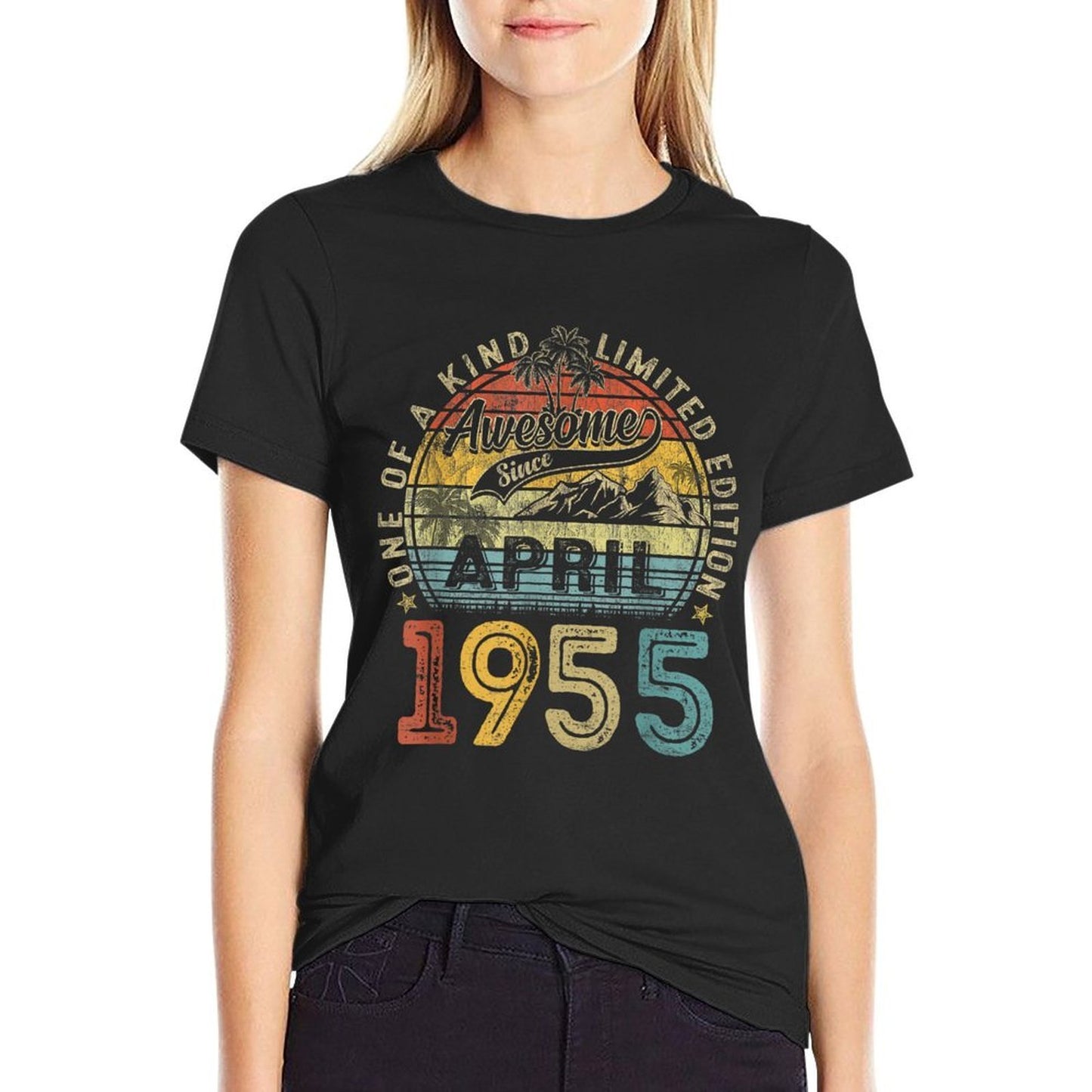 70th Birthday Gift Women Vintage April 1955 70 Years Old  Ribbed Collar T-Shirt