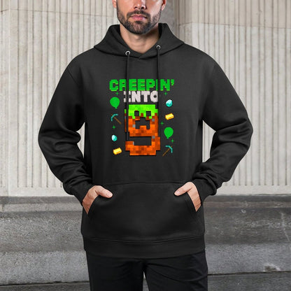 9th Birthday Gamer Pixel Creepin’ Into 9 Video Game Party Medium-Weight Fabric Hoodie
