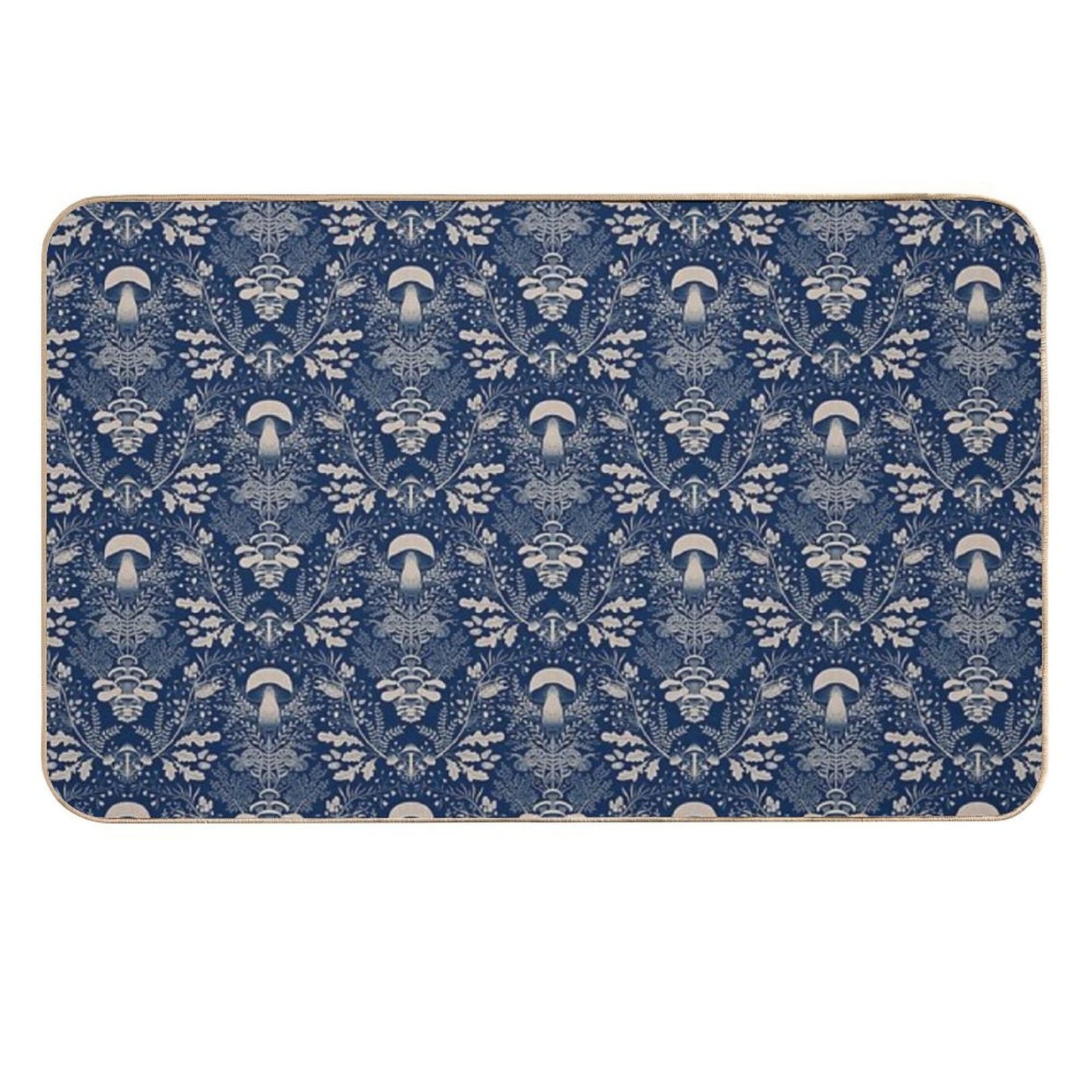 Mushrooms Forest Damask Navy Blue Beige  Pet-Safe Bath Mat