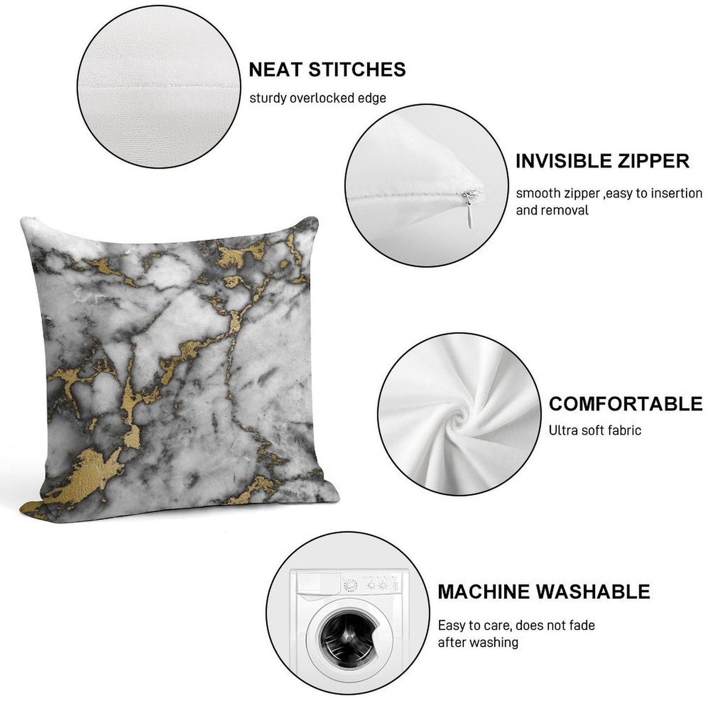 Grey Marble Gold Streaks Phone Case Cover Soft Gift Ready Throw Pillow