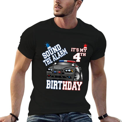 Sound The Alarm It's My 4th Birthday 4 Years Old Policeman  Summer-ready Fabric T-Shirt