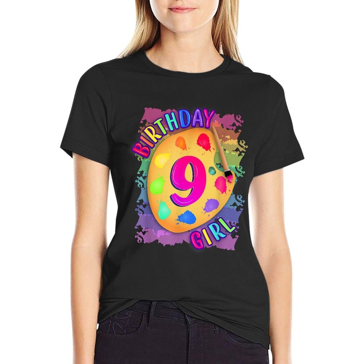 Nine Year Old Birthday Girl Painting Party Brush And Palette  Tagless Design T-Shirt