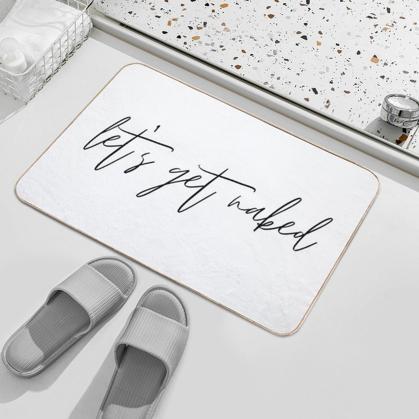 Let's Get Naked Funny Quote Text Black & White  Repositionable Bath Mat