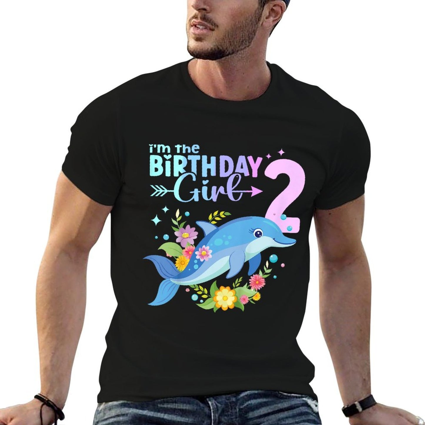 Kids 2nd Birthday Dolphin Girl Second Birthday Girl 2 Years Old  Stretchy T-Shirt