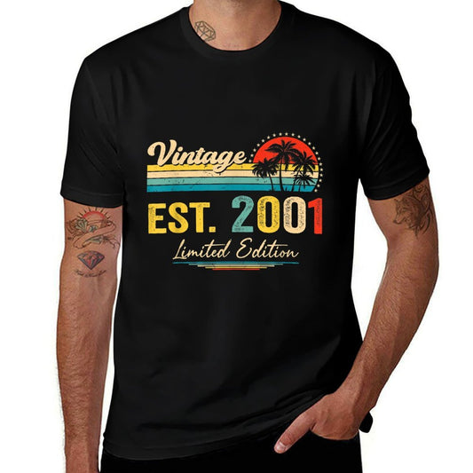 Vintage 2001 Retro 21 Years Old Being Awesome 21st Birthday  Ribbed Collar T-Shirt