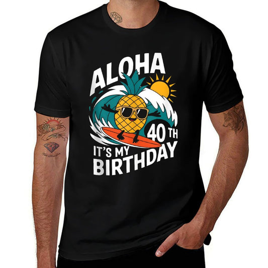 Aloha 40th Birthday Hawaii Pineapple Surfing Tropical Beach  Rolled Sleeves T-Shirt